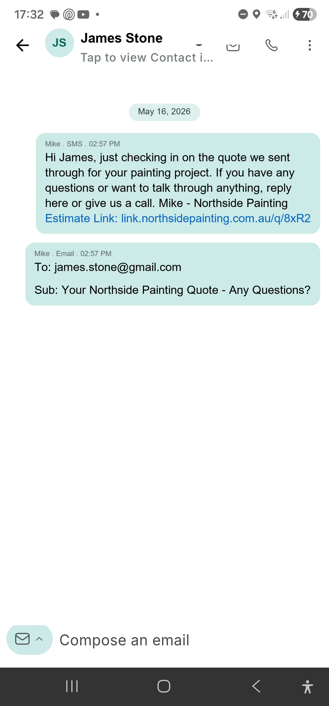 LeadConnector follow-up thread - SMS plus email sent to James Stone