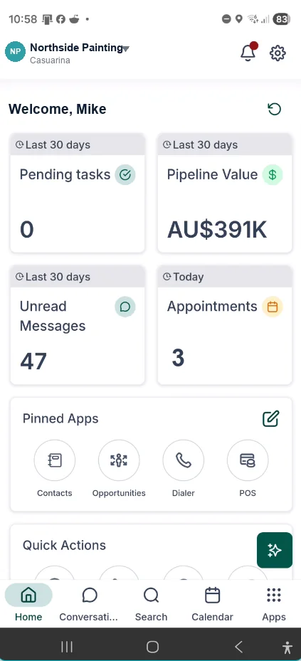 LeadConnector dashboard - Mike at Northside Painting, 3 appointments, AU$391K kept