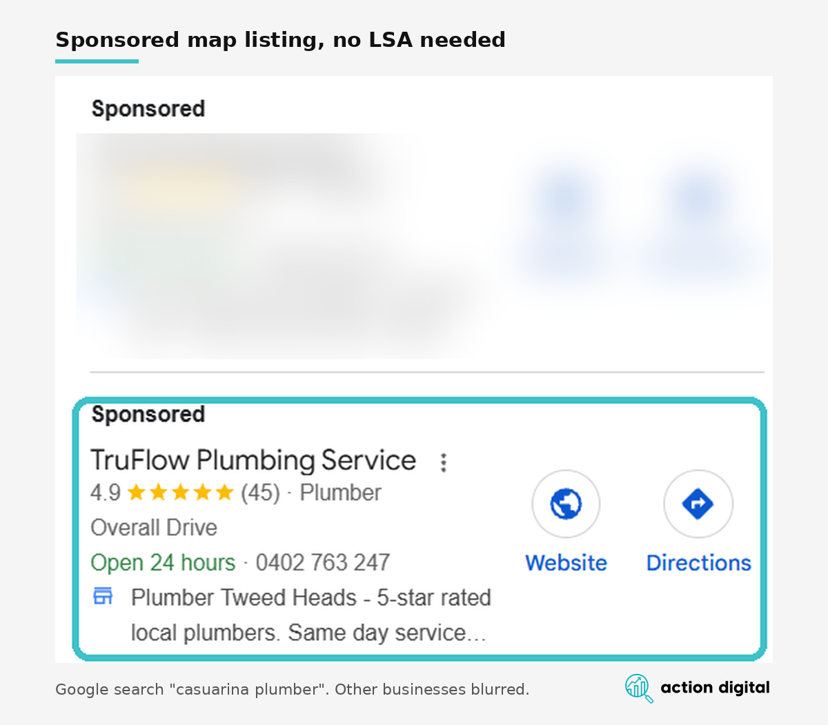 Sponsored map listing for TruFlow Plumbing Service in a Google search for casuarina plumber