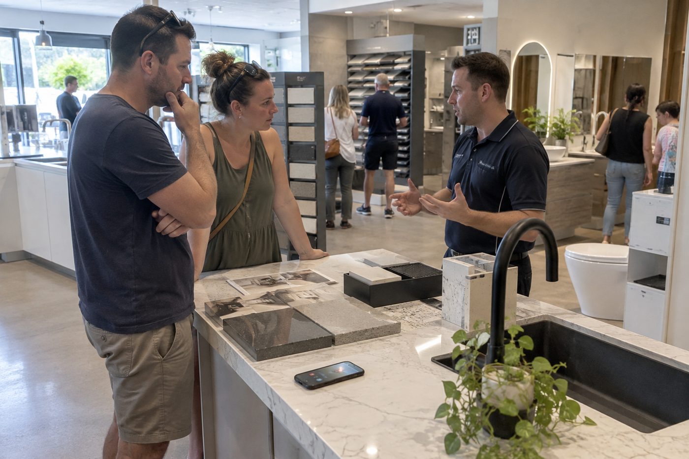 Showroom salesperson with customers while an enquiry call comes in