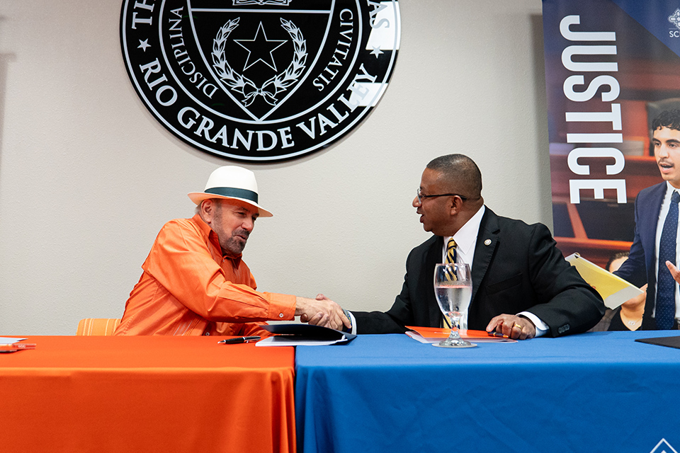 UTRGV President Guy Bailey and St. Mary’s University President Winston Erevelles at the MOU signing on Thursday, March 26, unveiling the Rio Grande Valley Legal Education Hub