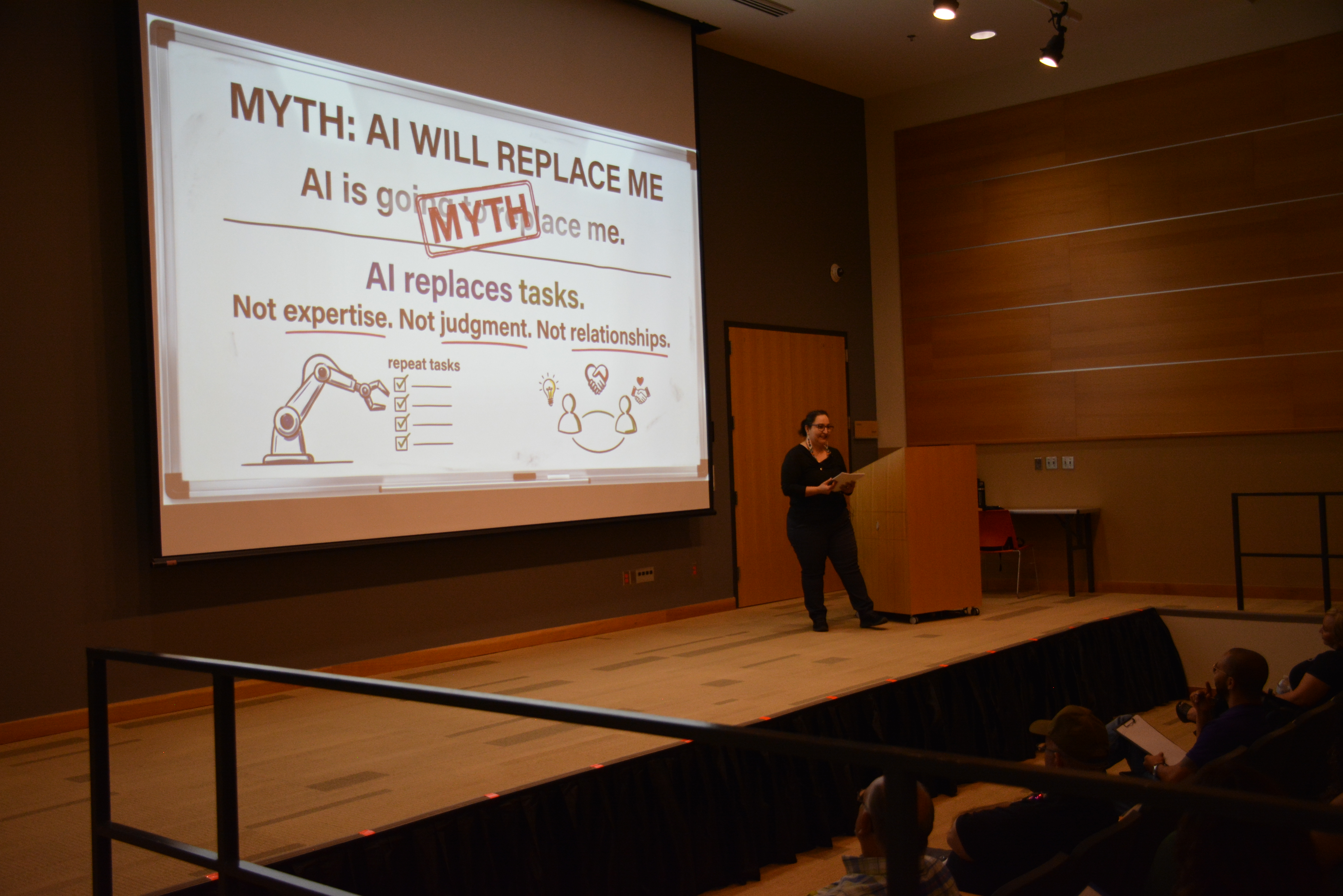 Cassandra Aguillon breaking down real-world AI tools for RGV business owners during a hands-on workshop in McAllen — turning complex tech into practical strategies local entrepreneurs can actually use.