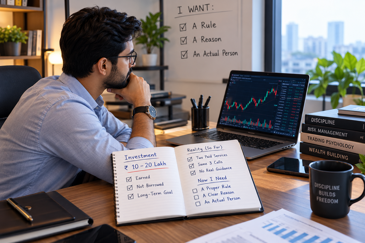 Professional reviewing trades at a desk