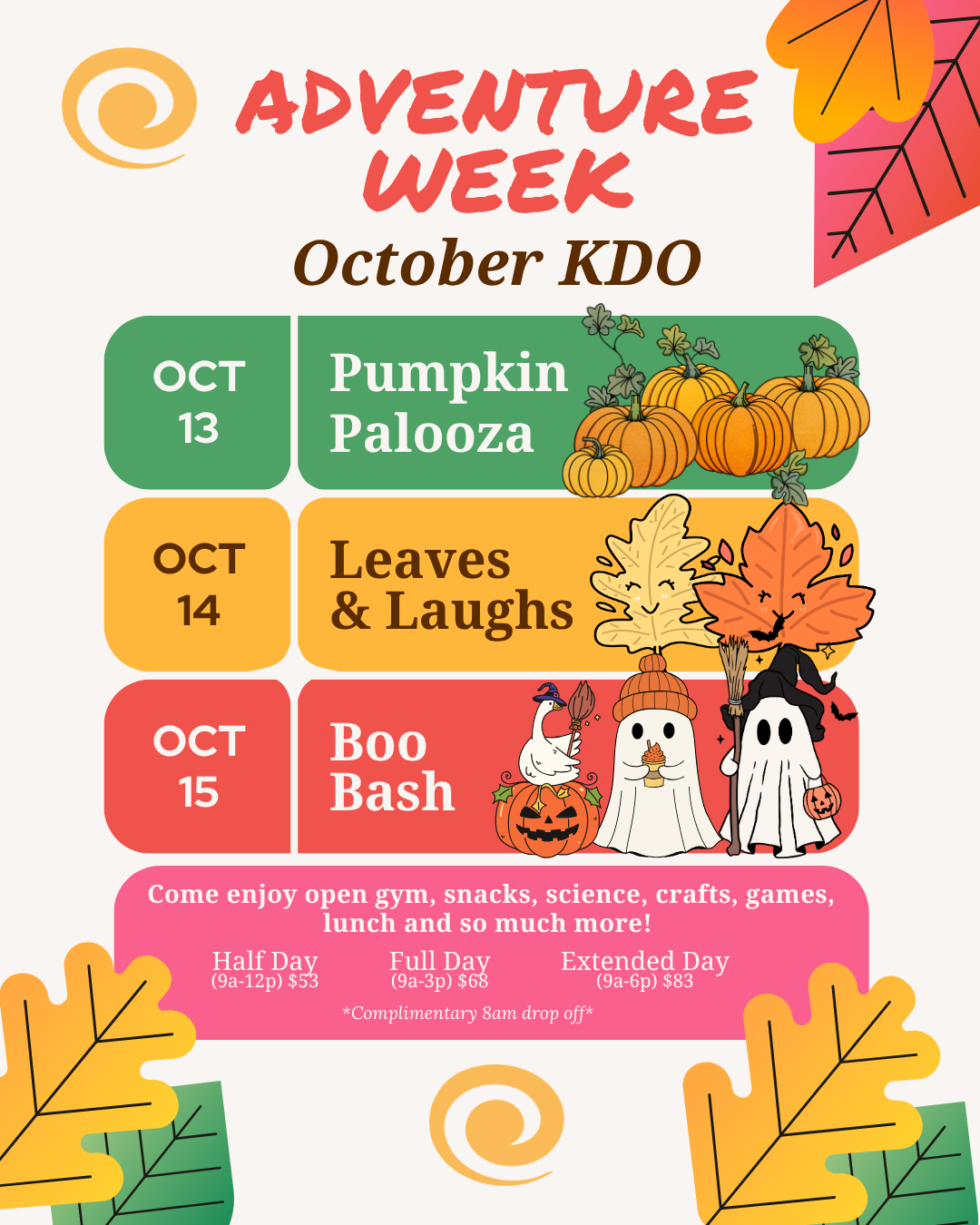 Kid's Day Off October flyer — Pumpkin Palooza, Leaves & Laughs, and Boo Bash themes