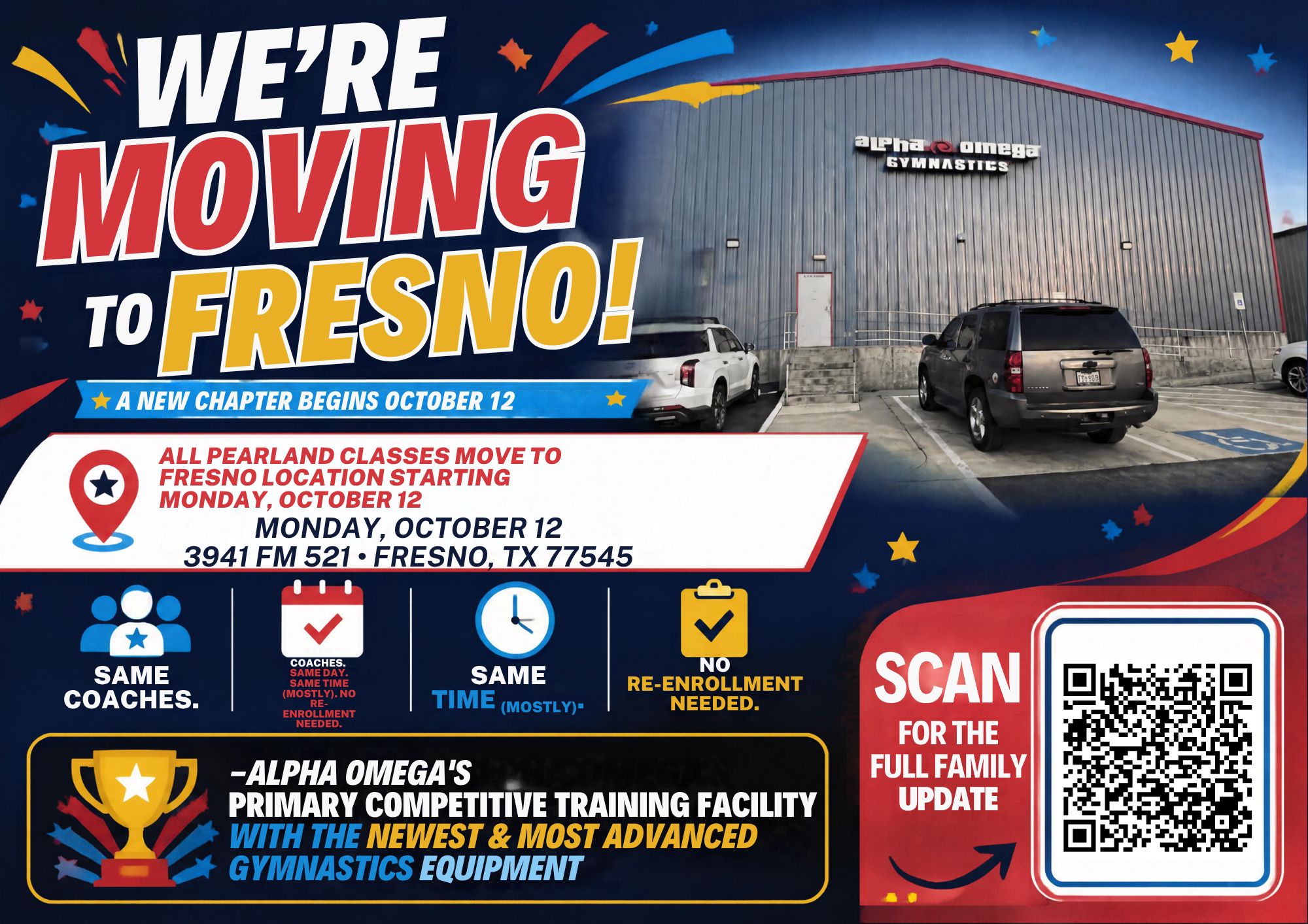 Announcement flyer: Pearland is moving to Fresno! All Pearland classes move to Fresno starting October 12 at 3941 FM 521 — same coaches, same times, no re-enrollment.