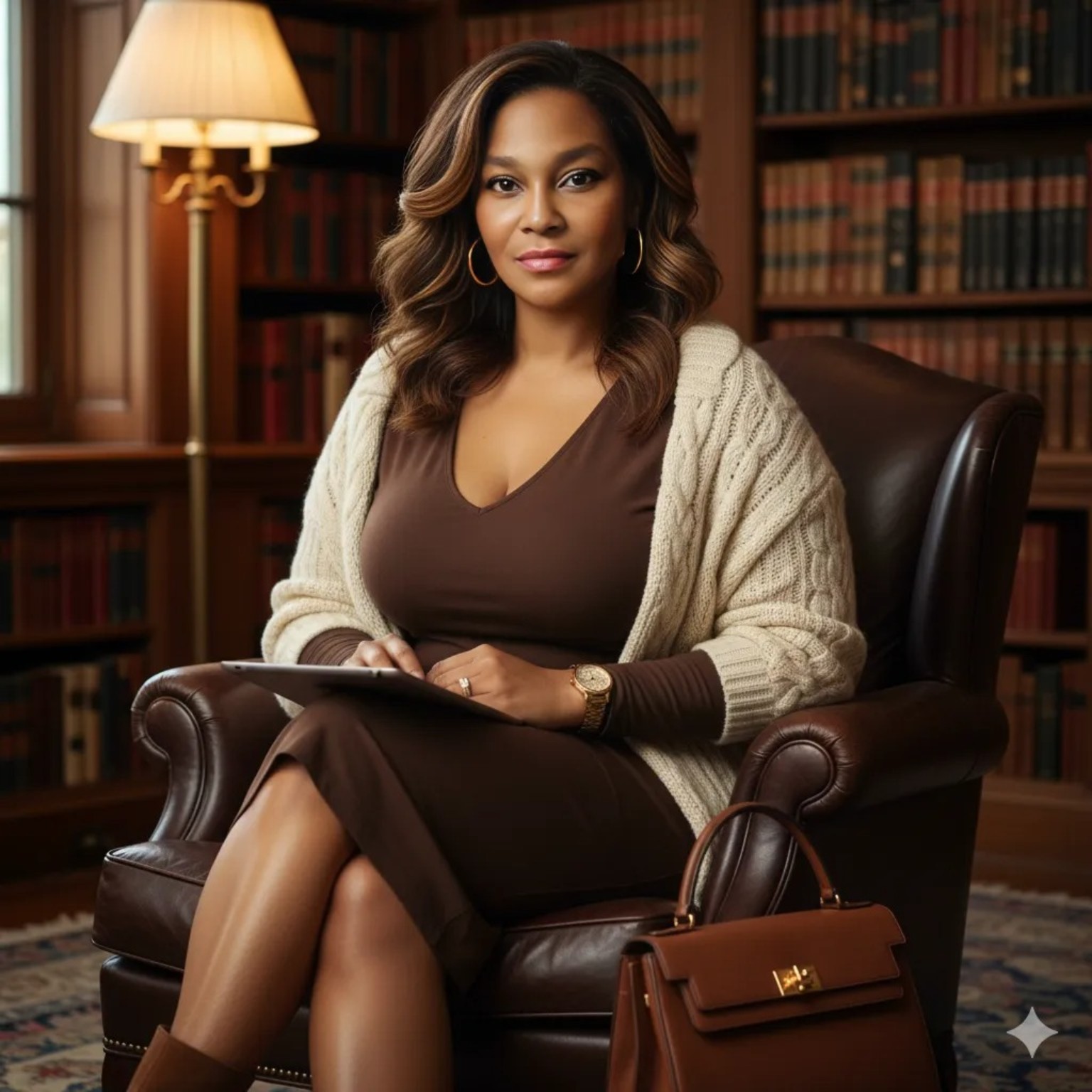 Kendra D. Goodman seated in a leather chair in a warmly lit library