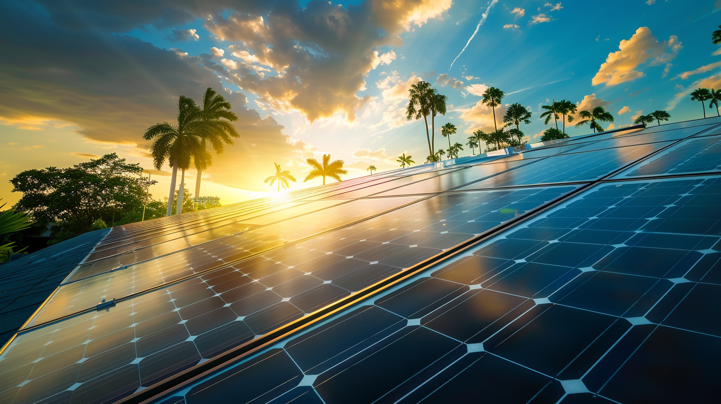 Close-up of Soligo photovoltaic Florida solar panels on a modern home roof in bright sunlight