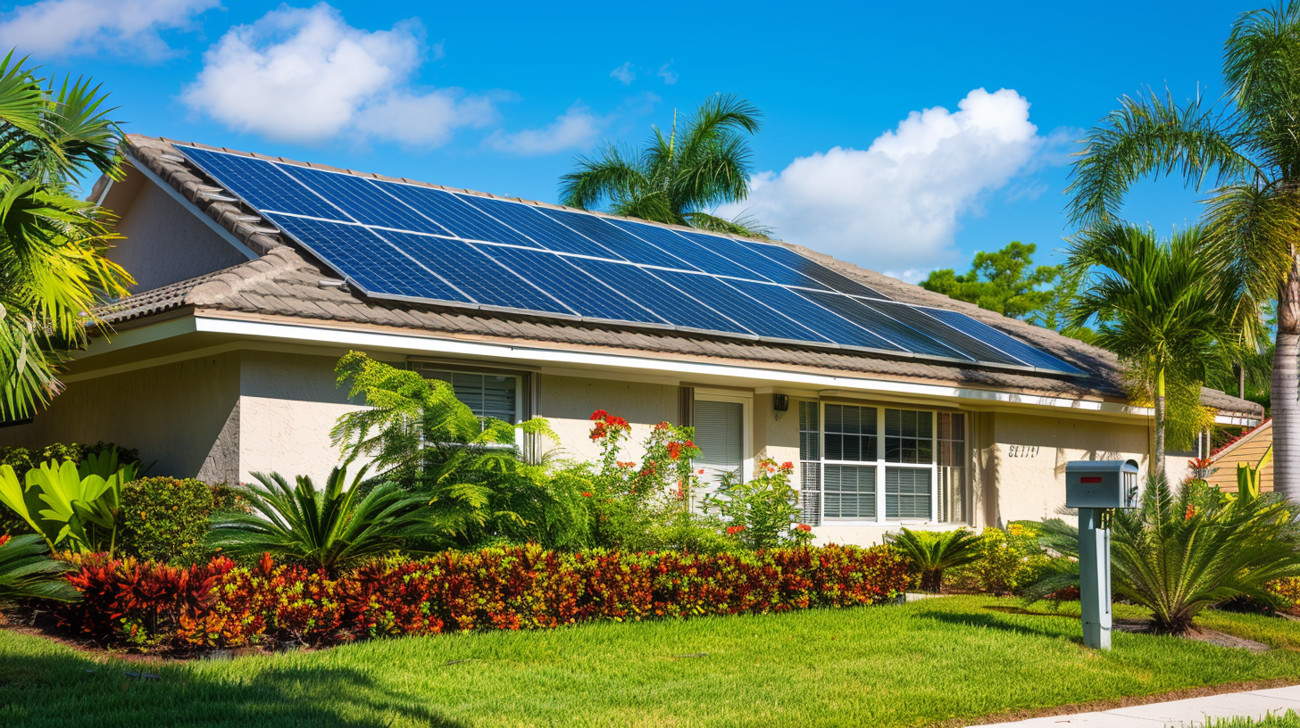 Close-up of Soligo photovoltaic solar panels on a modern home roof in the Florida bright sunlight