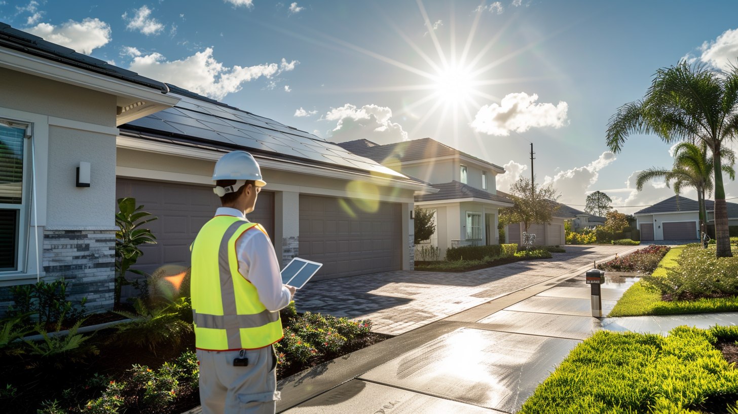 Local solar inspector check the solar install on a Florida rooftop. Local solar inspector check the solar install on a Florida rooftop.