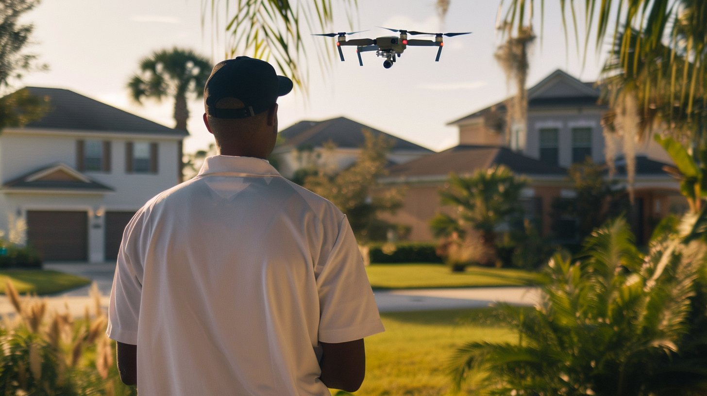 Soligo site surveyor flying a drone to get roof measurements and health condition Soligo site surveyor flying a drone to get roof measurements and health condition