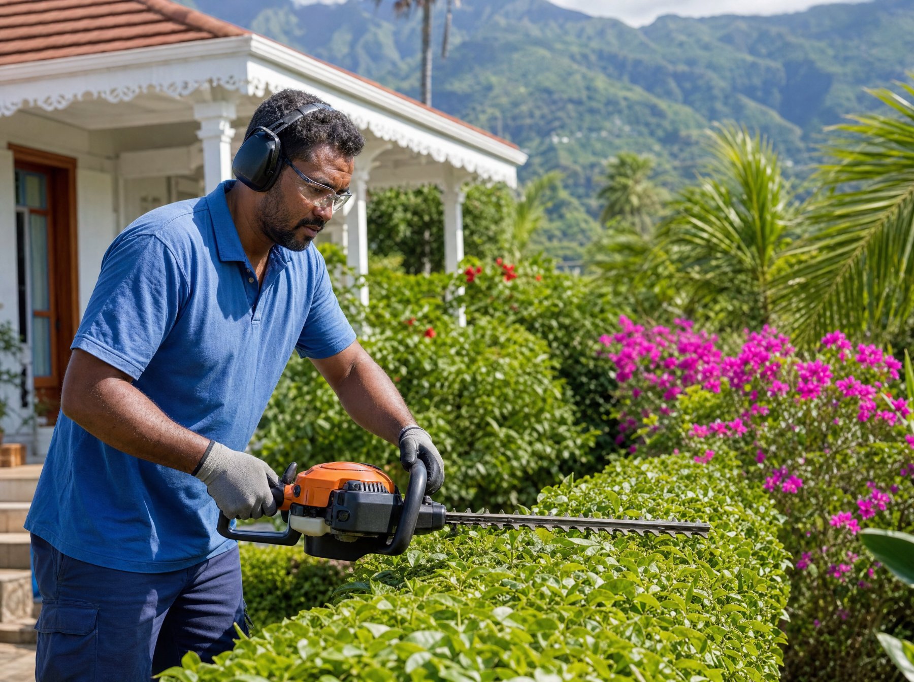 Jardinier Elsa Services taillant une haie dans un jardin tropical à La Réunion