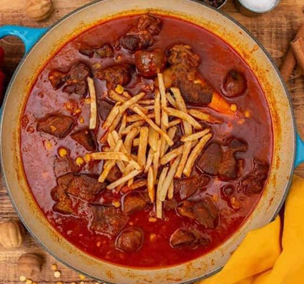 Ghaymeh — Persian split-pea stew with beef and crispy fries at Chop Kabob