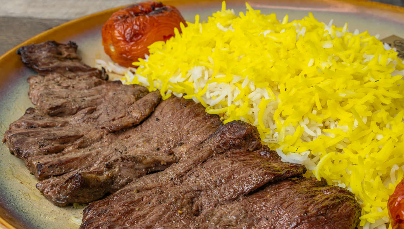 Beef Barg Kabob — marinated filet beef kabob with saffron rice at Chop Kabob, Westborough