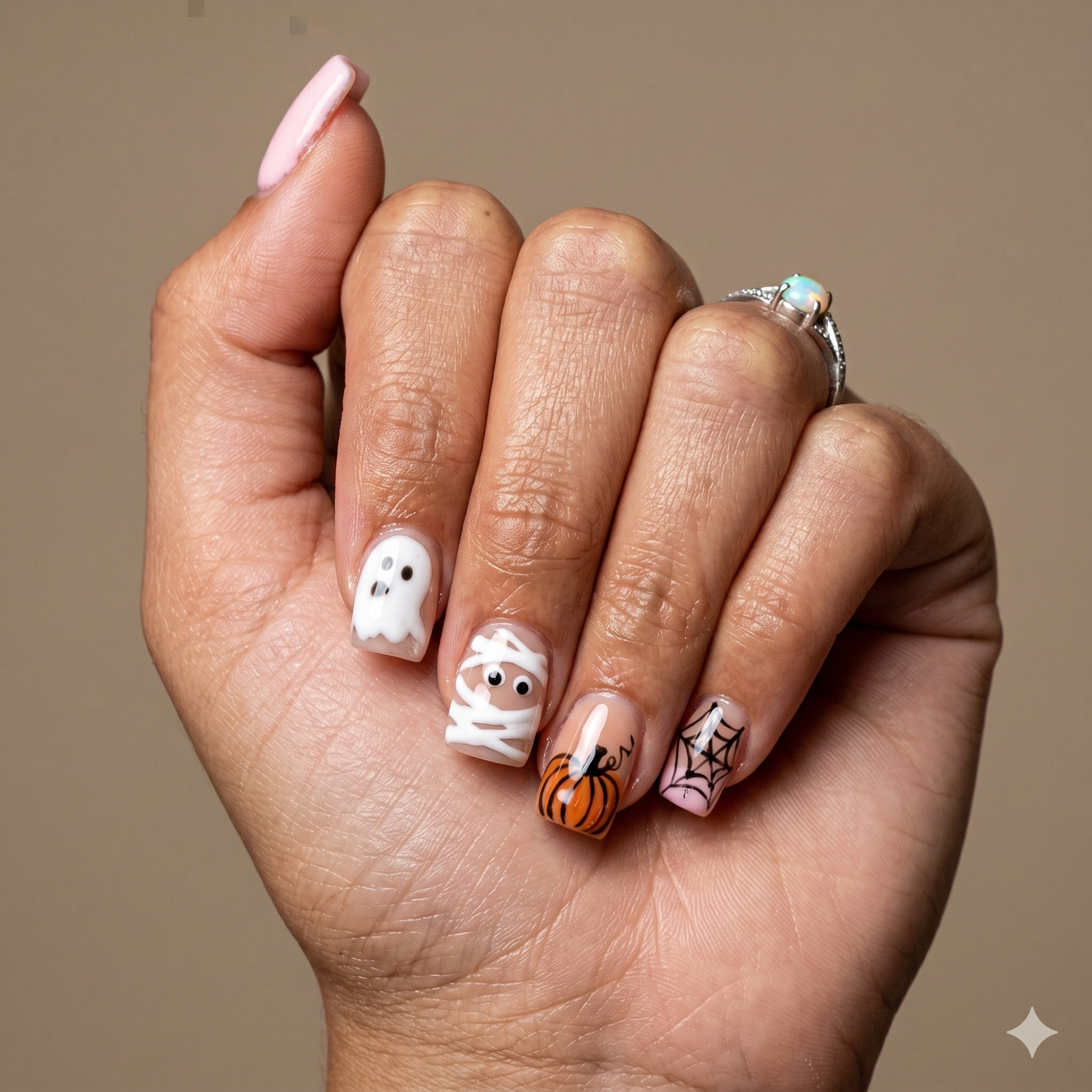 Seasonal Halloween nail art featuring ghost, mummy, pumpkin, and spider web designs — custom nail art at Arden Nail Studio Greenville SC
