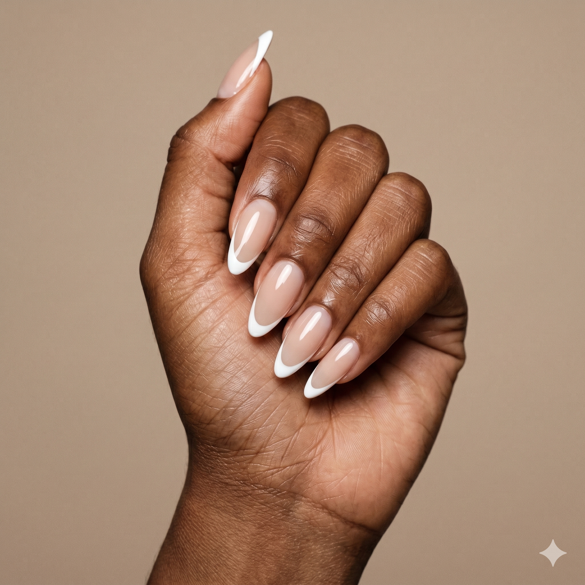 Classic white French tip on almond-shaped natural nails — gel manicure at Arden Nail Studio Greenville SC