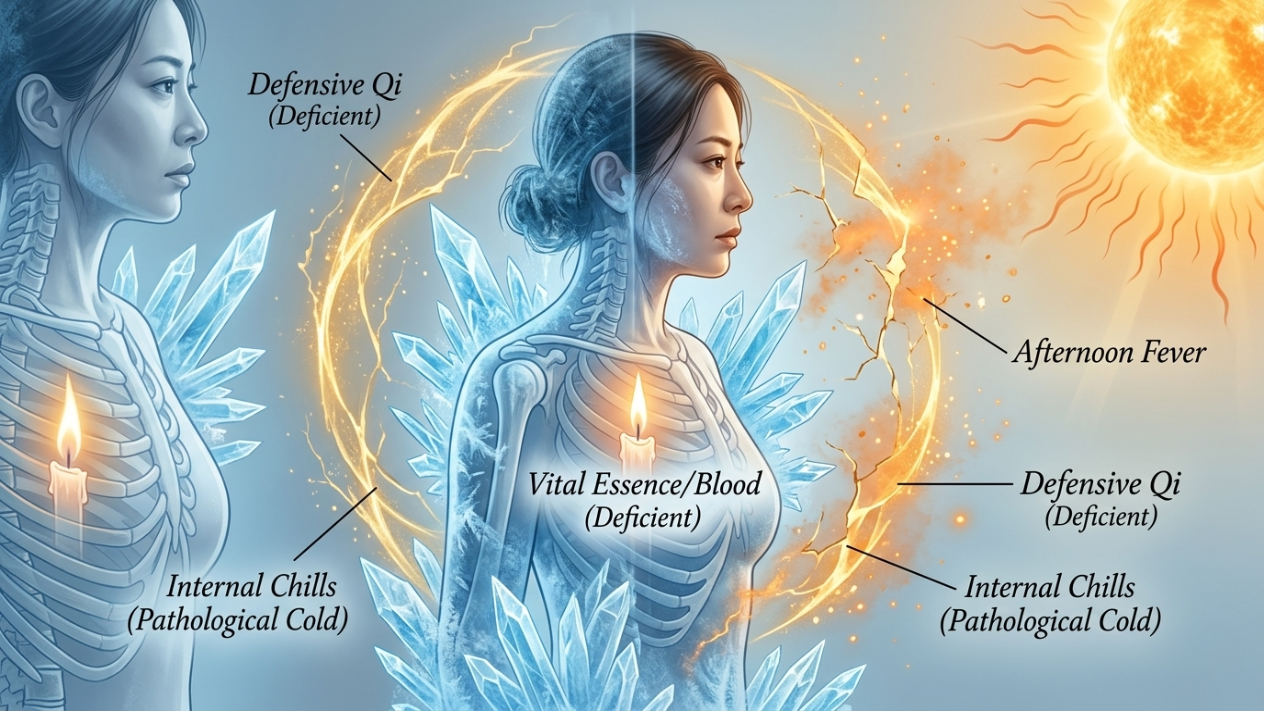 Traditional Chinese medicine concept illustration showing imbalance of yin and yang leading to fever and chills.