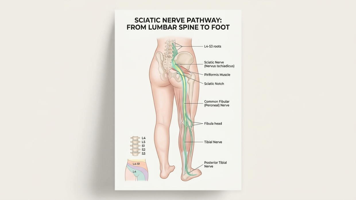 person experiencing sciatica pain with hand on lower back and hip, pain radiating down the leg, illustrating traditional Chinese medicine perspective on sciatica