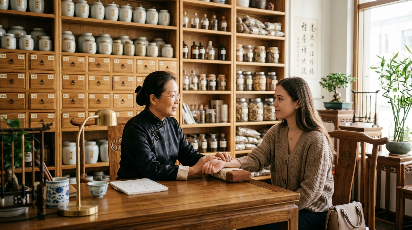 traditional chinese medicine wellness clinic interior with herbal shelves in Katy Texas professional healthcare setting