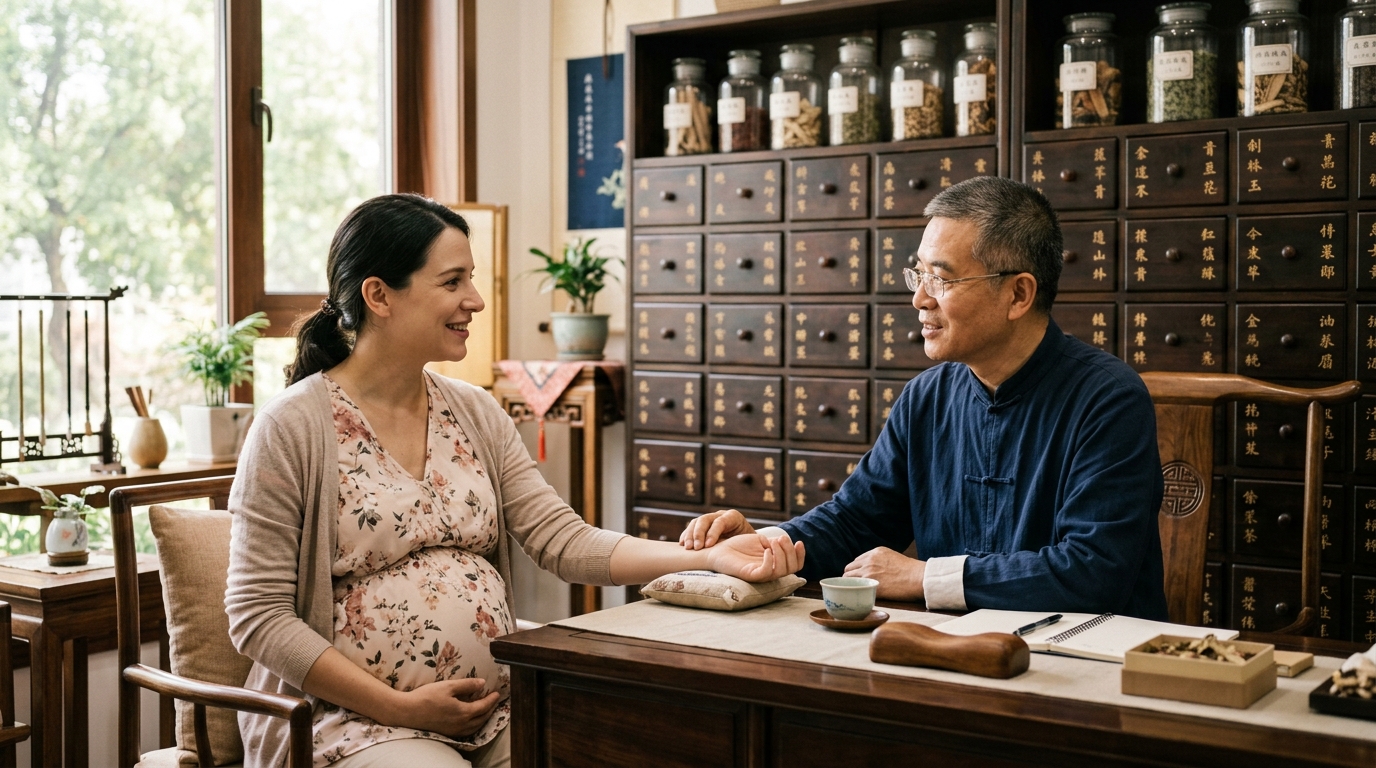 a male traditional chinese medicine practitioner consulting a pregnant woman in a calm wellness clinic, herbal shelves in background, warm natural lighting, realistic photography, no text