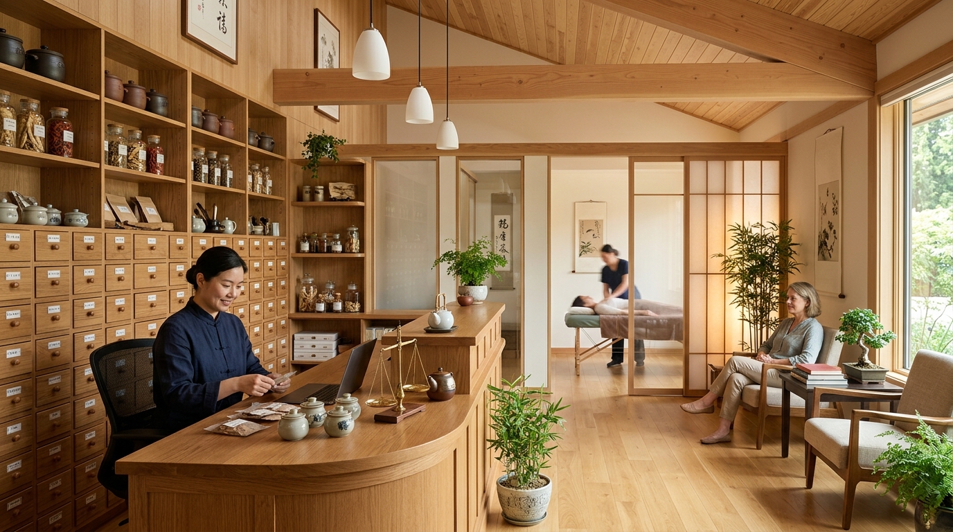 modern traditional chinese medicine clinic interior with herbal shelves, warm wooden tones, clean and peaceful healthcare setting, realistic photography, no text