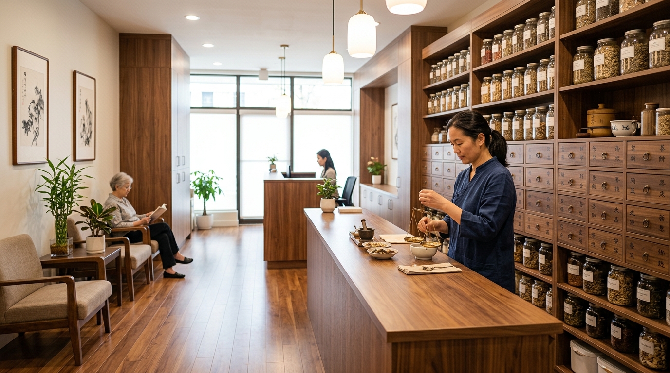 modern traditional chinese medicine clinic interior with herbal shelves, warm wooden tones, clean and professional wellness environment, realistic photography, no text modern traditional chinese medicine clinic interior with herbal shelves, warm wooden tones, clean and professional wellness environment, realistic photography, no text
