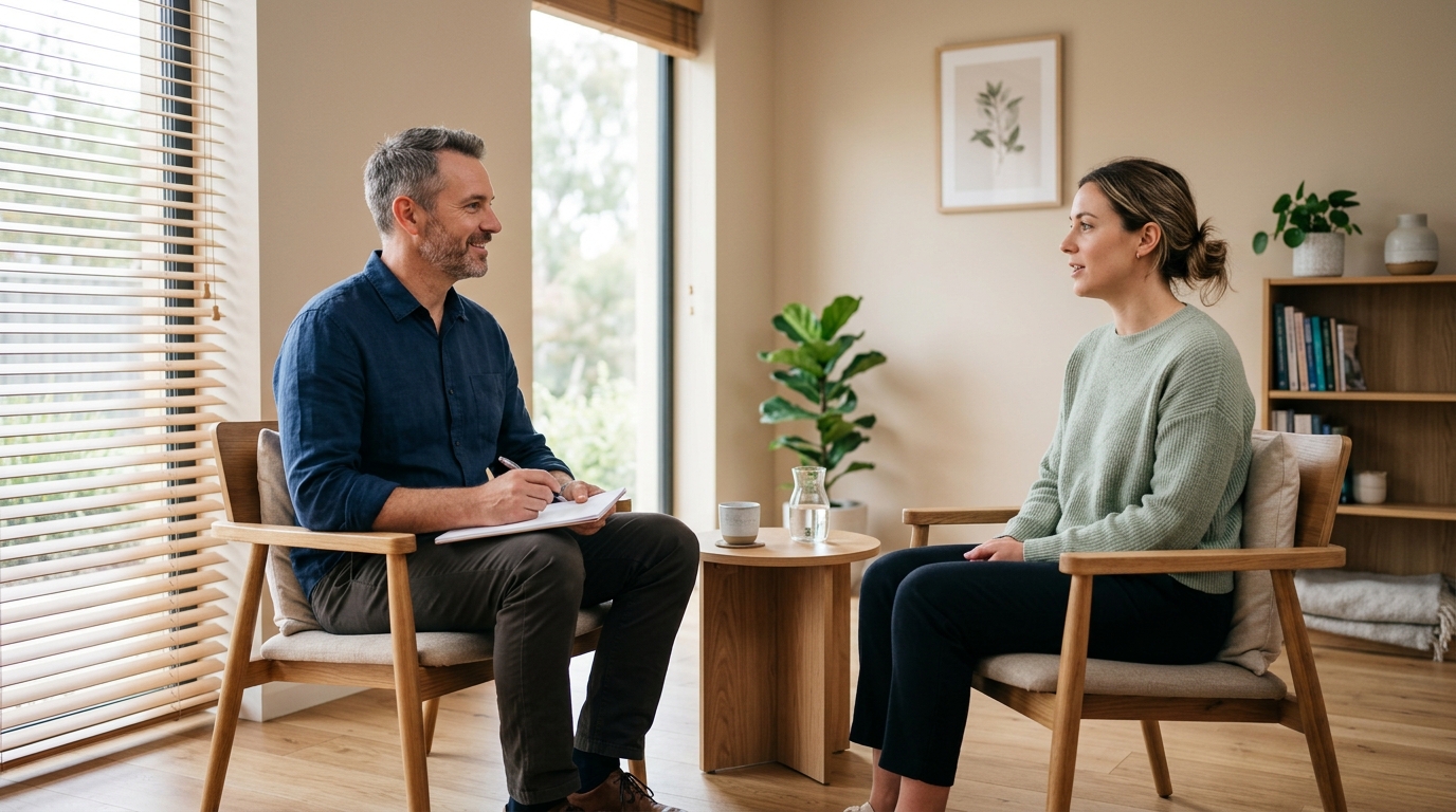 wellness practitioner consulting patient in modern clinic room Katy Texas wellness practitioner consulting patient in modern clinic room Katy Texas