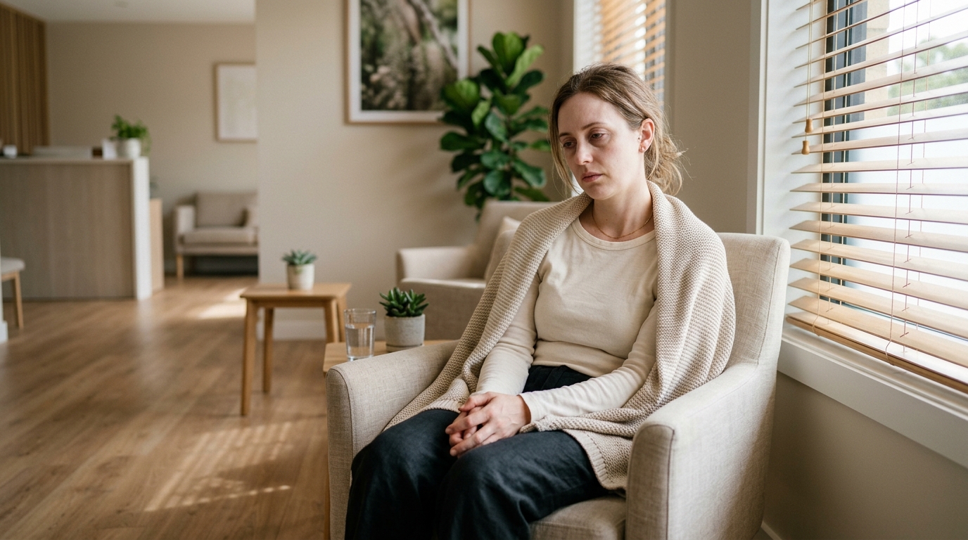 woman feeling cold and fatigued indoors during summer, representing post miscarriage recovery imbalance