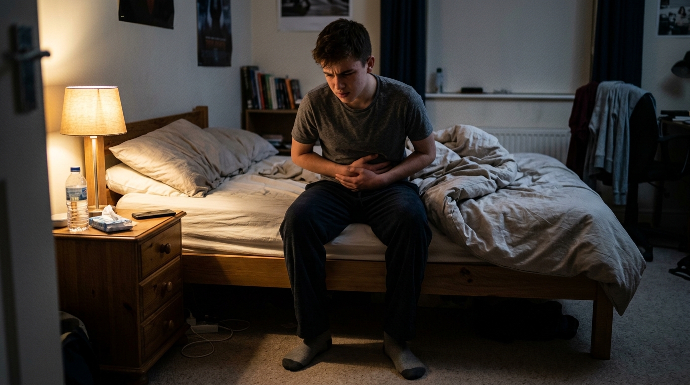 boy with sudden diarrhea discomfort at night sitting on bed