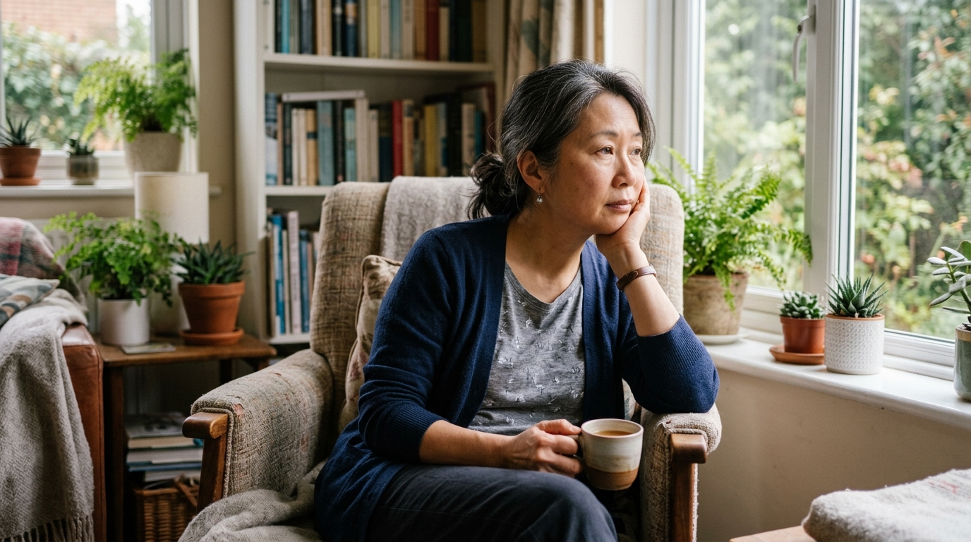 middle aged woman feeling low energy and fatigue, subtle discomfort, chronic health condition concept