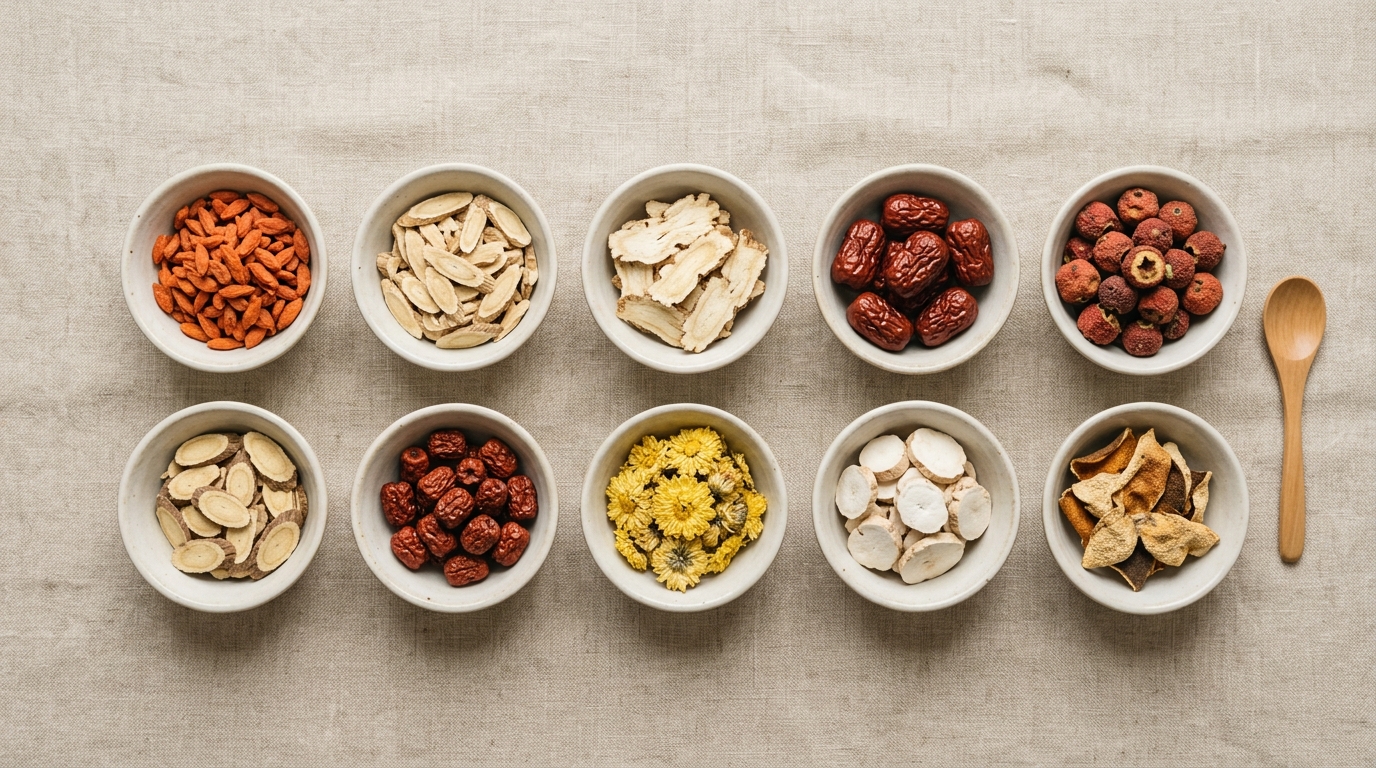 traditional Chinese herbal ingredients arranged in minimal style, natural wellness concept