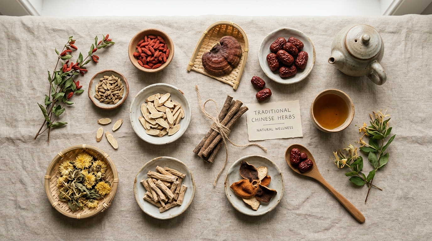 traditional Chinese herbal ingredients minimal flat lay, natural wellness concept, classical herbal formula