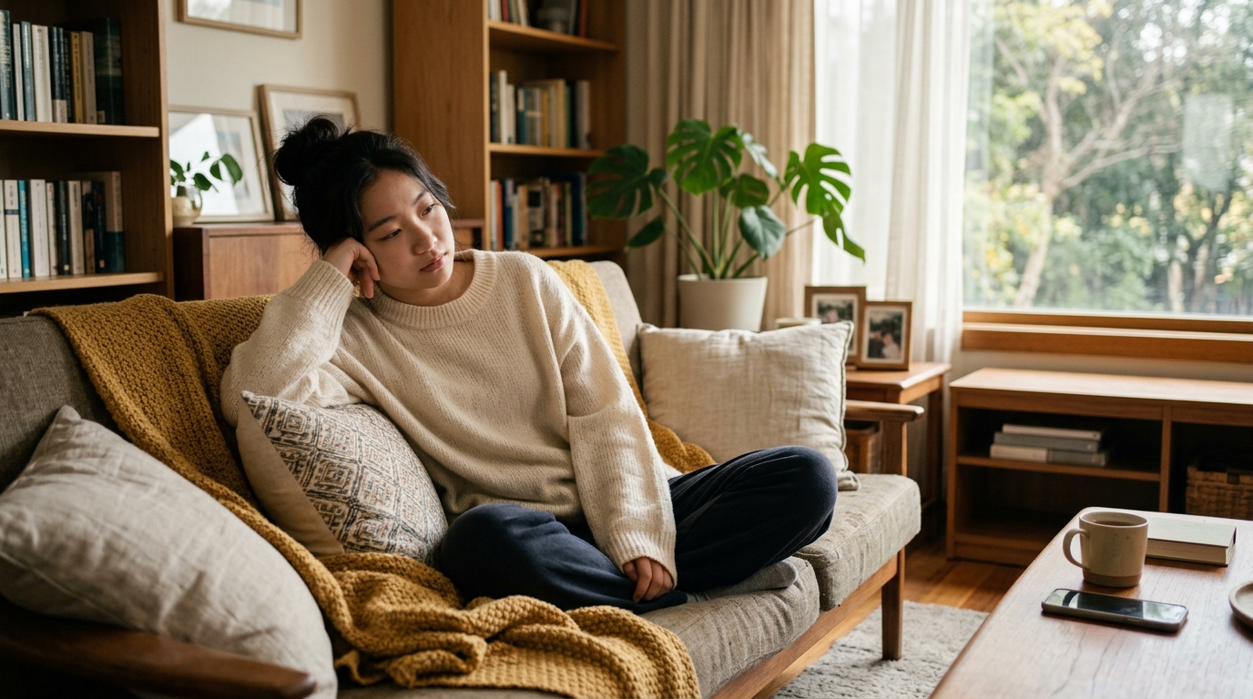 teenage girl mild fatigue resting indoors, low energy after illness, subtle lifestyle health condition