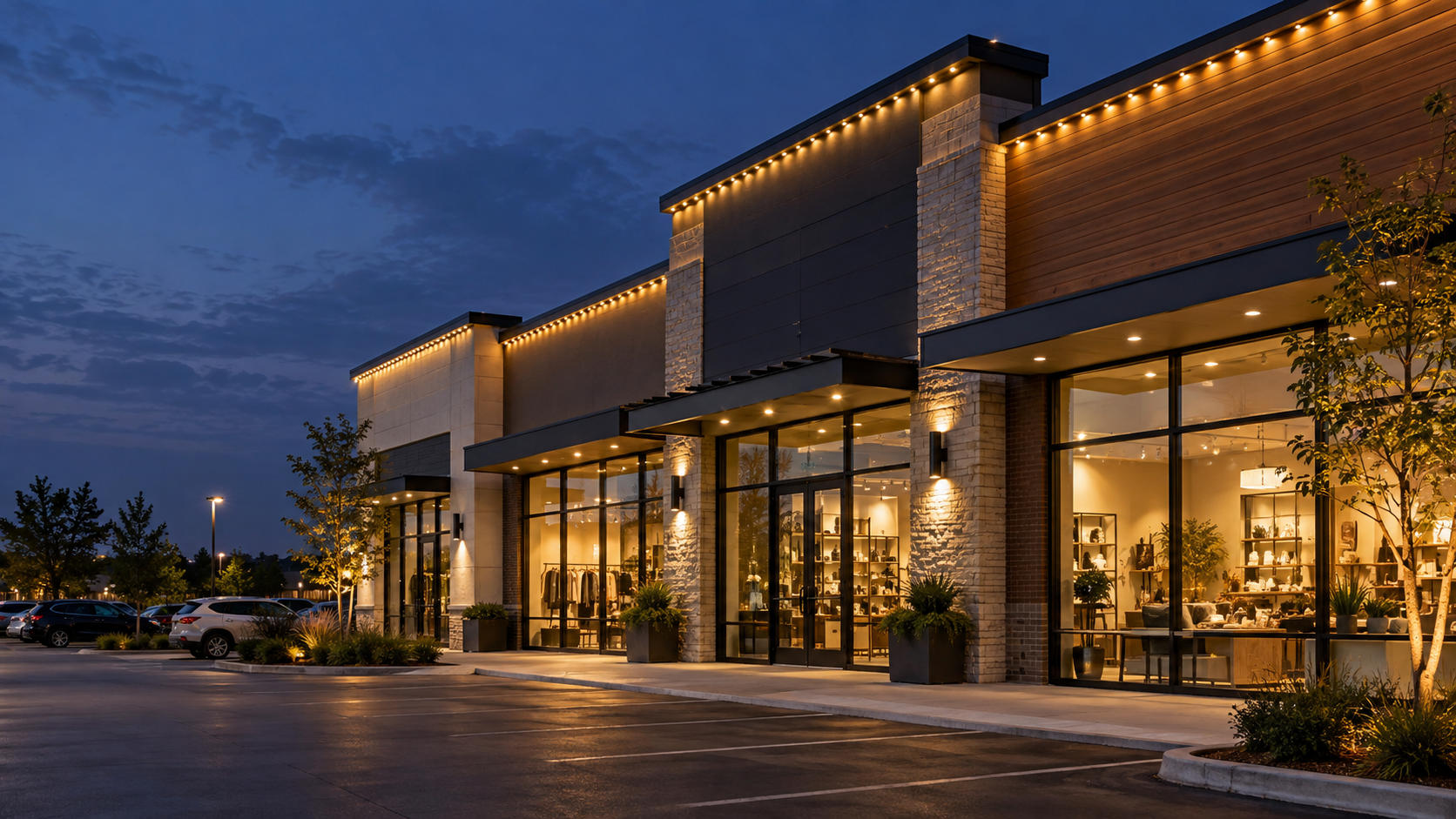 Retail storefront center with permanent exterior accent lighting