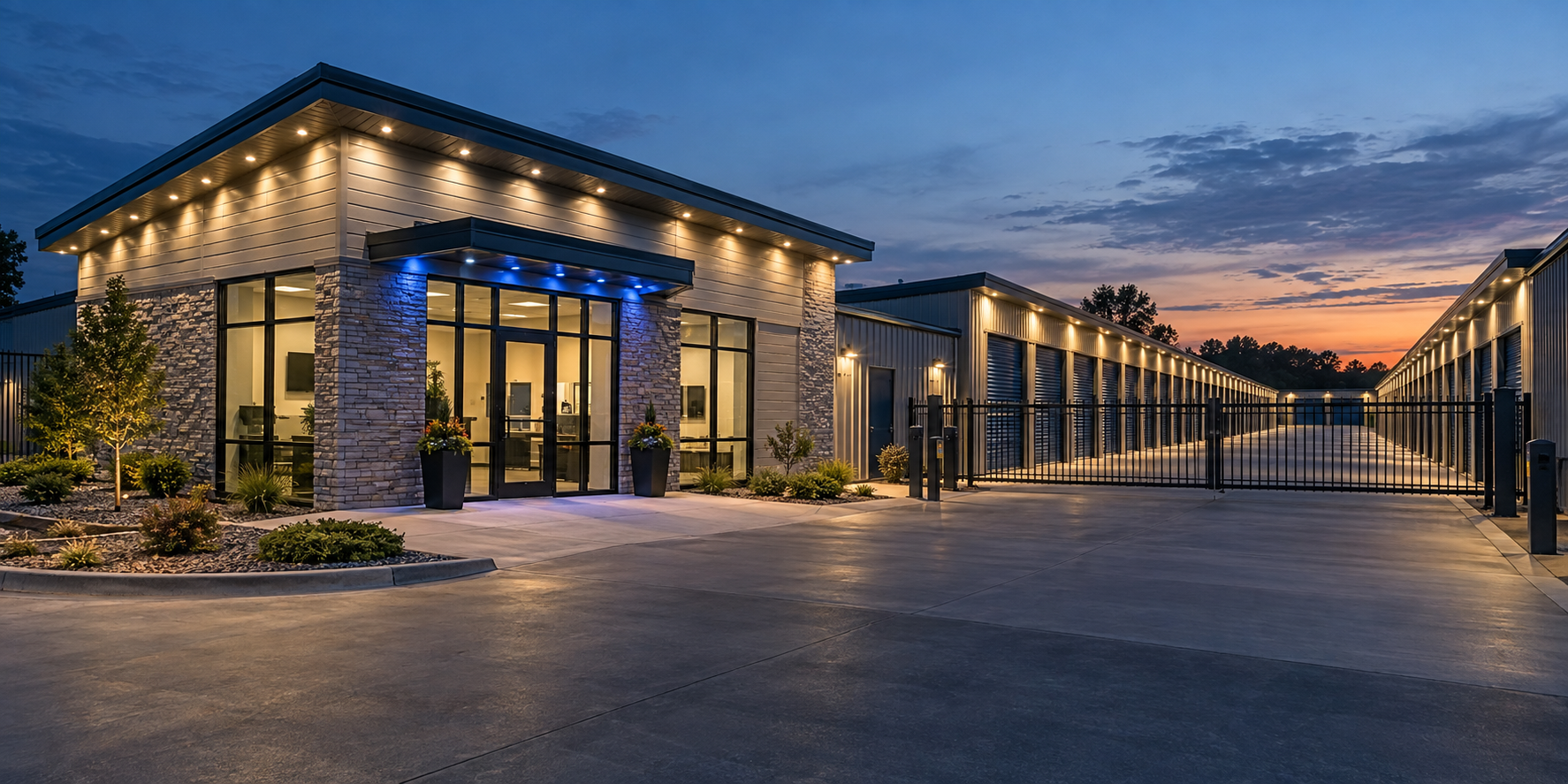 Self-storage property with permanent lighting along building lines