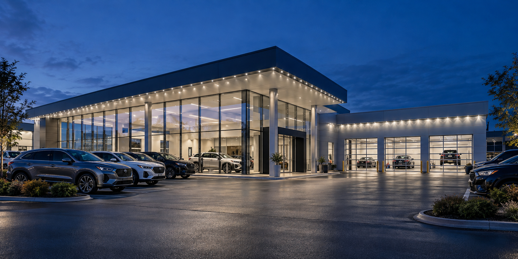 Auto dealership showroom outlined with permanent commercial lighting