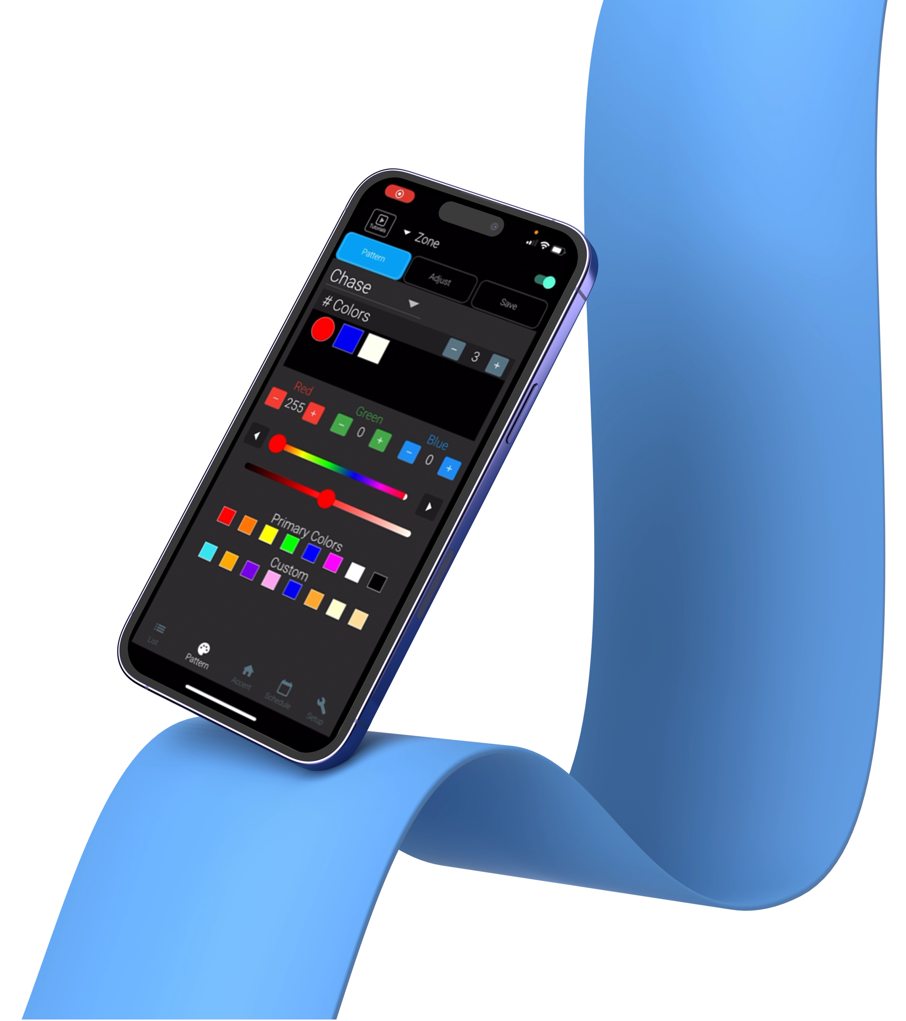 Mobile app controls for permanent lighting colors, patterns, zones and schedules