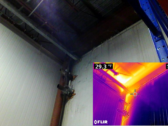 Level II infrared thermography inspection detecting air leaks in commercial refrigerated warehouse during insulation defect inspection