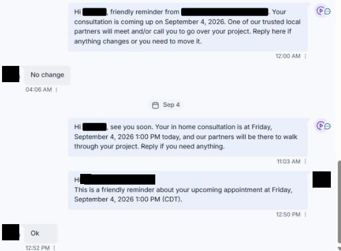 Automated confirmation and reminder messages with a prospect reply confirming they will show up