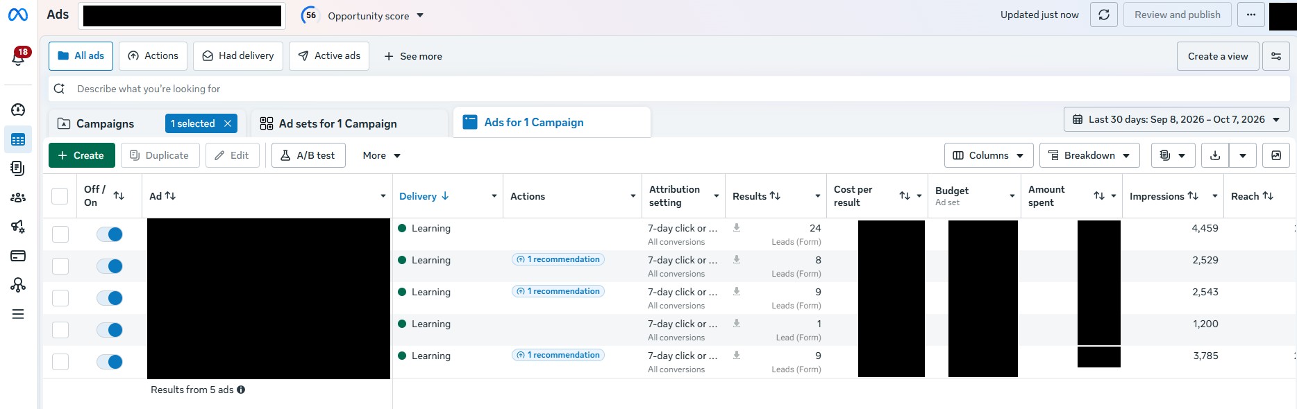Live Facebook and Instagram ads for a health client with 51 leads in 30 days