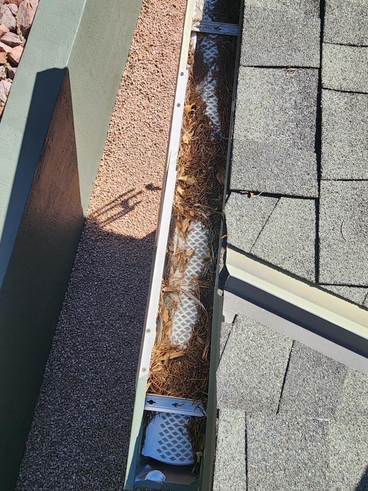 Failed plastic gutter guard with pine needles packed underneath