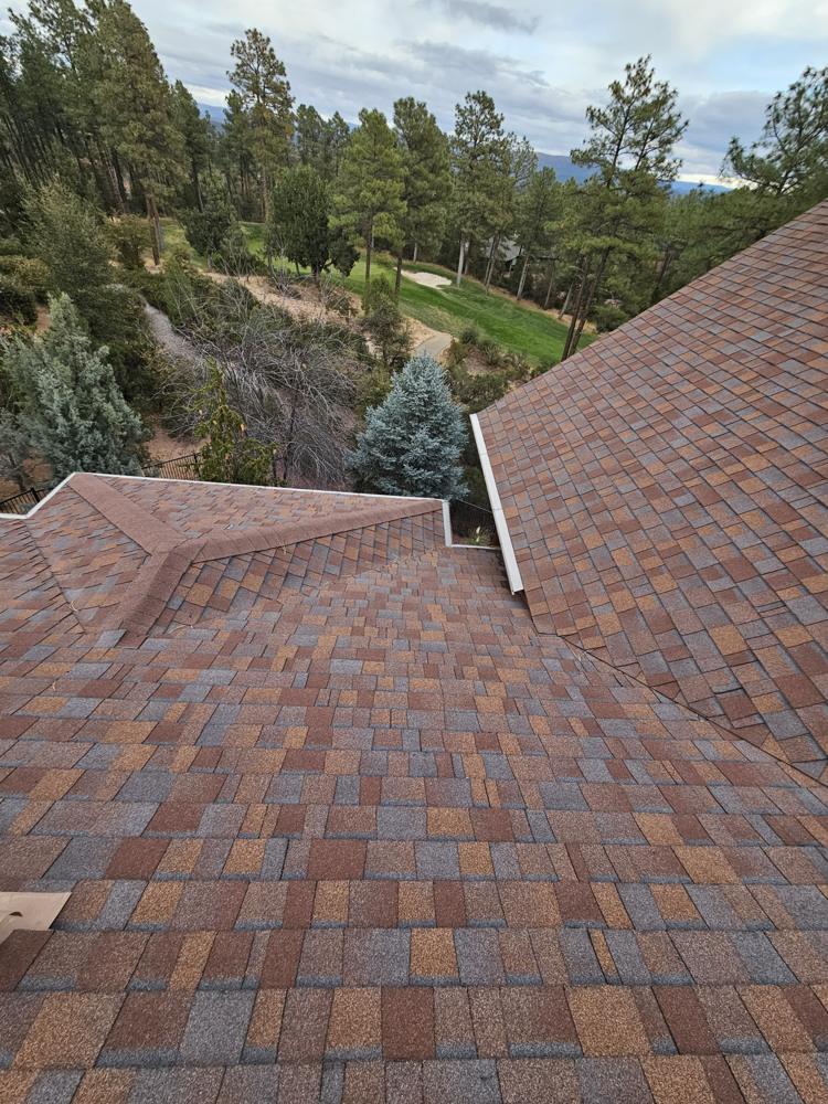 Micromesh gutter guard on a roof above a golf course