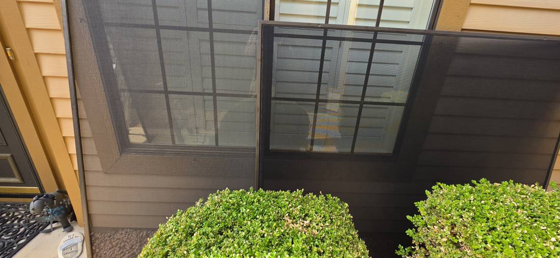 Two solar screens side by side, dirty on the left and cleaned with Screen Magic on the right