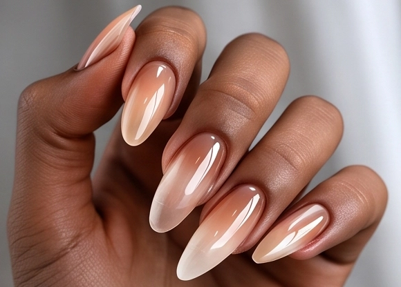 Glossy brick-red gel on medium coffin nails, resting on ivory satin