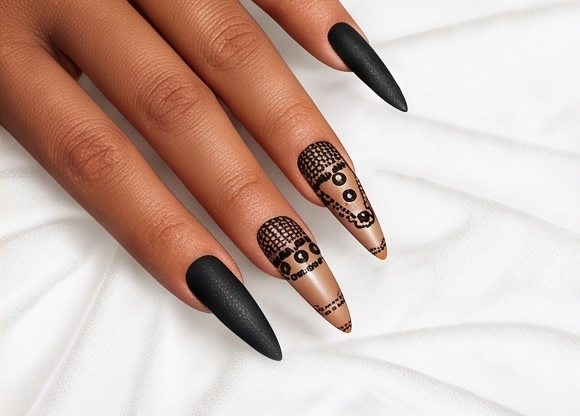 Nude-to-white ombré on long almond nails