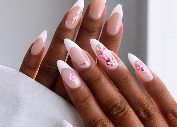 Long almond nails with white French tips and hand-painted pink tulips