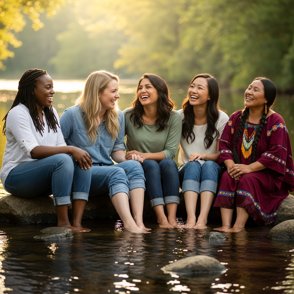 Women by water laughing