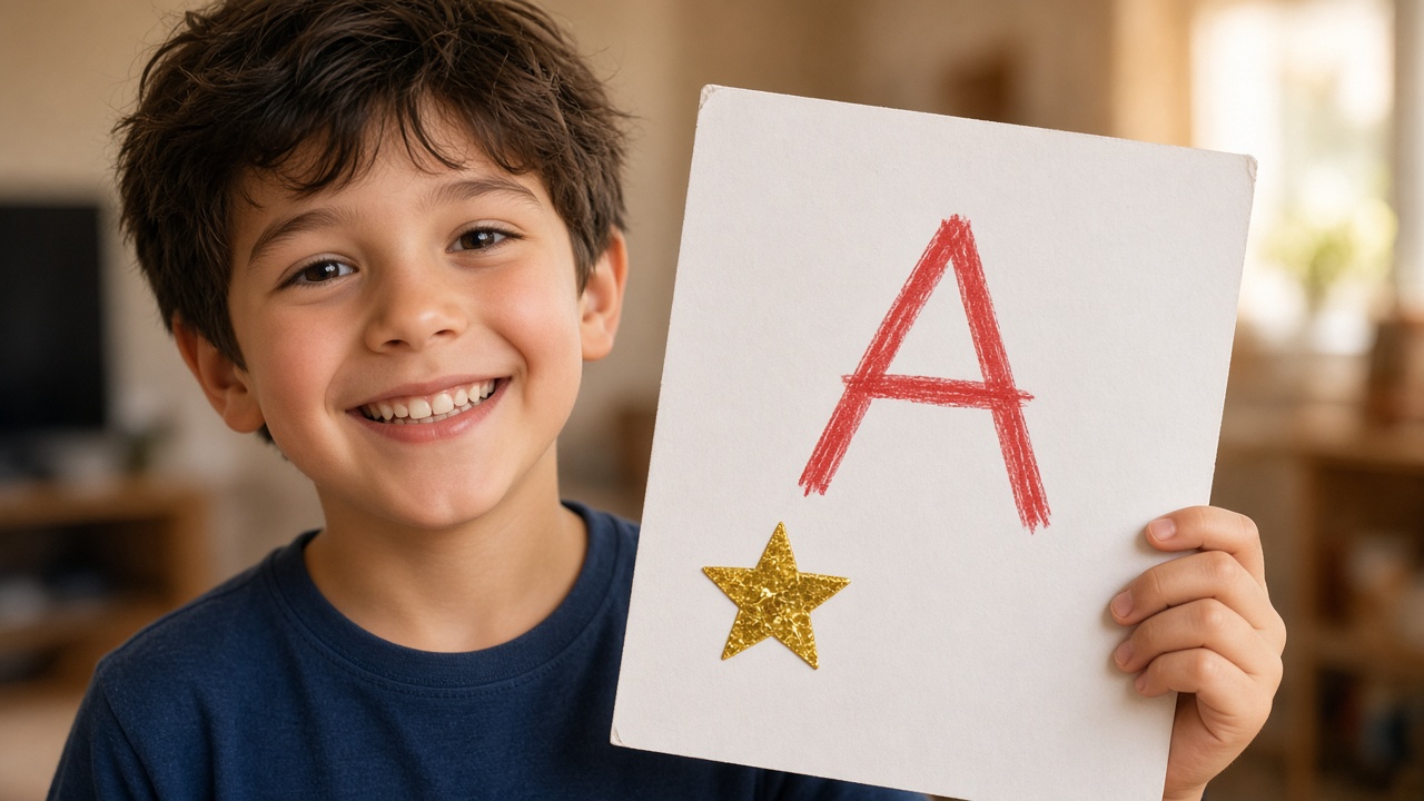 Happy student holding a progress report