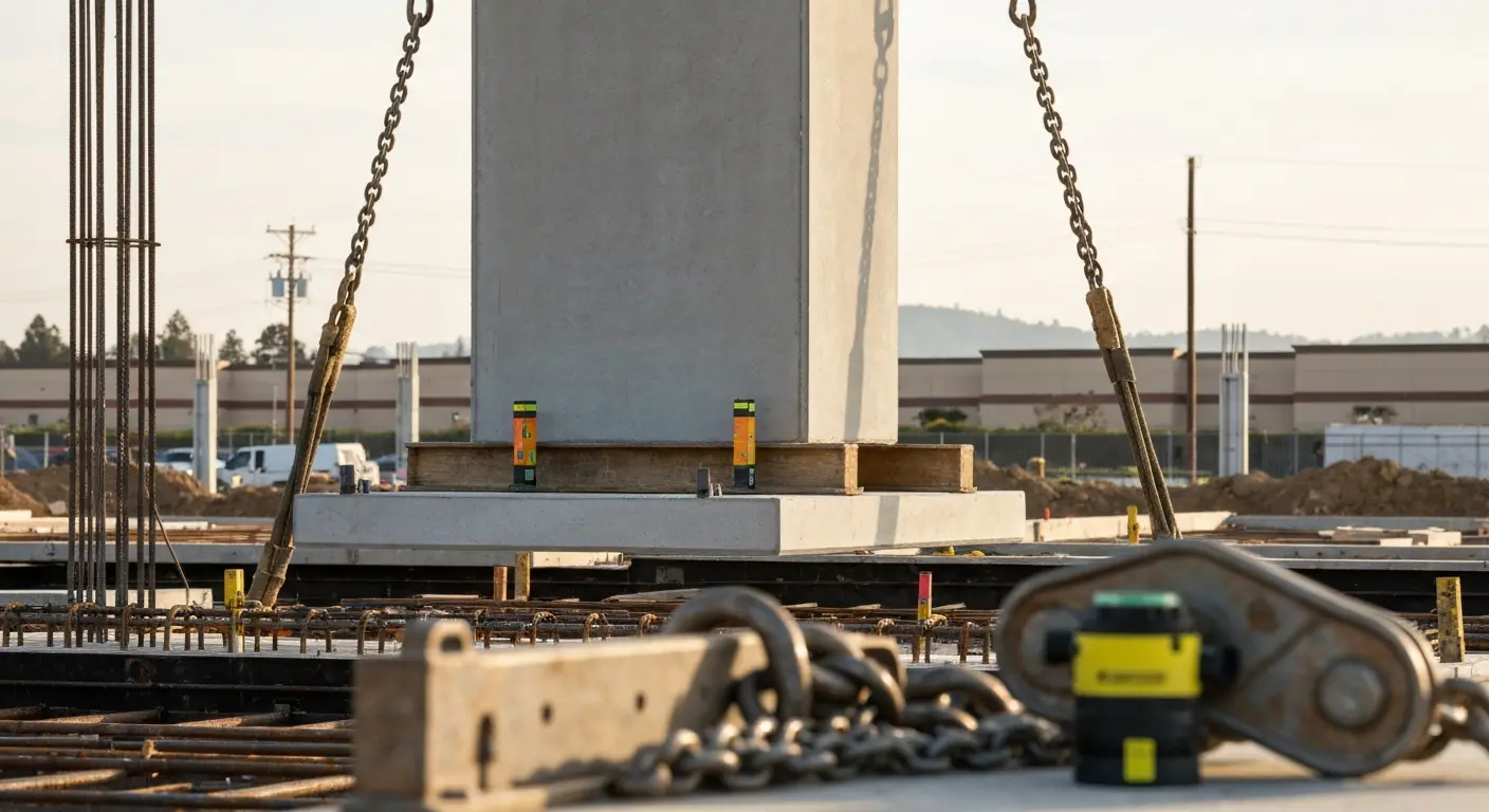 Precast column installation on industrial site