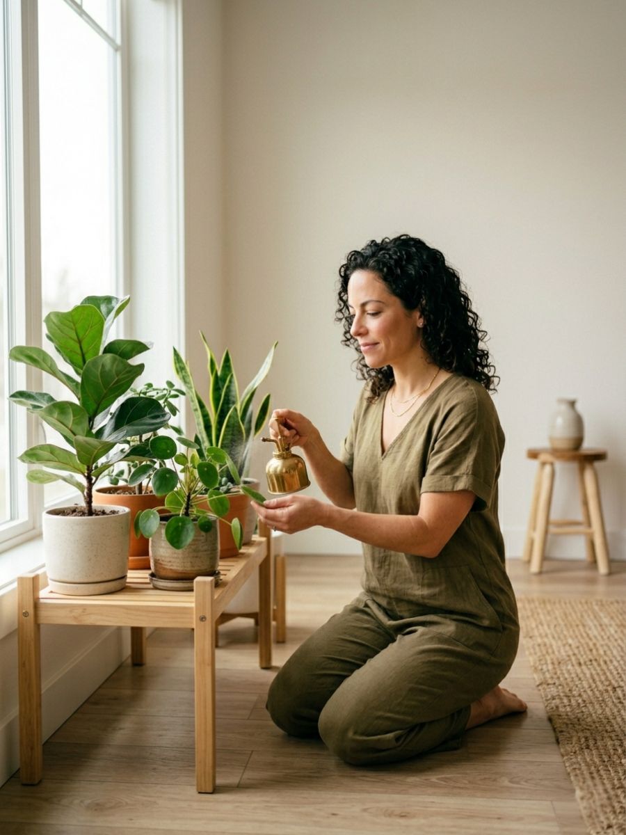A woman in a green jumpsuit kneels on a wooden floor, gently watering indoor plants to foster a sense of groundedness and personal freedom.