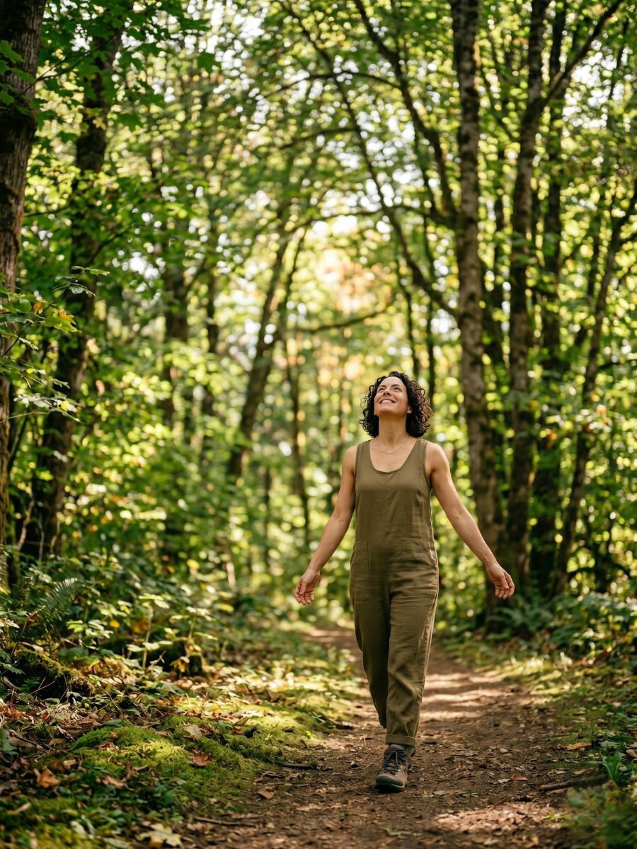 A woman in an olive jumpsuit walks through a sun-dappled forest trail, looking up at the trees with a sense of freedom and relief.